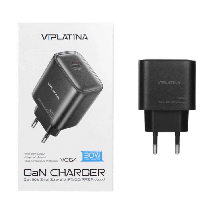 شارژر دیواری فست و PD تک پورت VIPLATINA مدل VC64 30W - مشکی (گارانتی 18 ماه تعویض نیکان همراه)