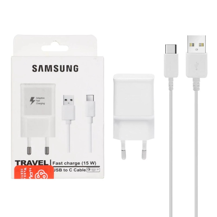 شارژر دیواری فست شارژ تک پورت سامسونگ Samsung توان ۱۵W به همراه کابل Type C رنگ سفید درجه یک گارانتی پارتیان پایا