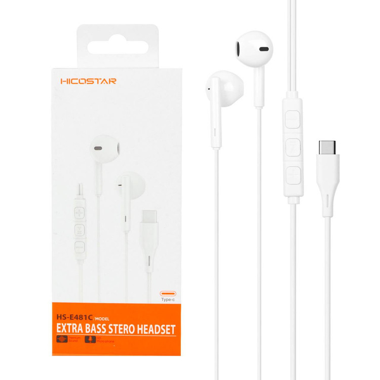 هندزفری باسیم با پورت Hicostar Type-C مدل HS-E481C - سفید