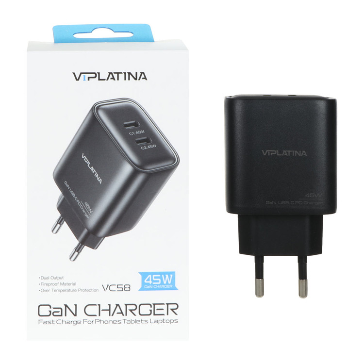 شارژر دیواری فست و PD دو پورت VIPLATINA مدل VC58 45W - مشکی (گارانتی 18 ماه تعویض نیکان همراه)