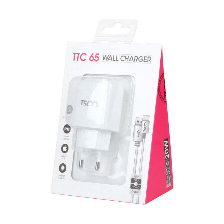 شارژر دیواری PD و فست دو پورت 20 وات TSCO مدل TTC 65 همراه با کابل شارژ TYPE-C - سفید
