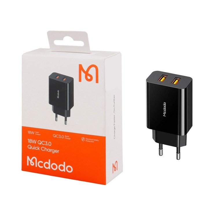 شارژر دیواری فست دو پورت Mcdodo مدل CH-8910 18W - مشکی (گارانتی متین)