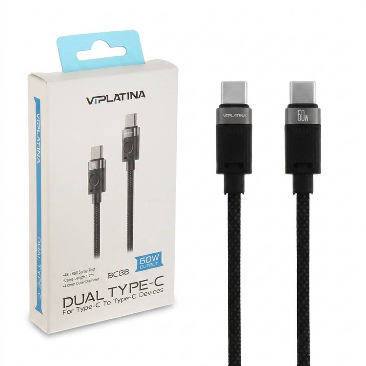 کابل شارژ فست VIPLATINA Type-C To Type-C مدل BC88 60W - مشکی (گارانتی 18 ماه تعویض نیکان همراه)