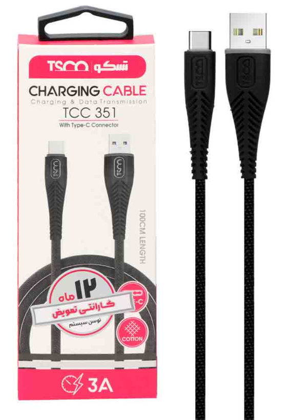 کابل شارژ و دیتا فست نخی TSCO Type-C مدل TCC 351 - مشکی (گارانتی 12 ماهه TSCO)