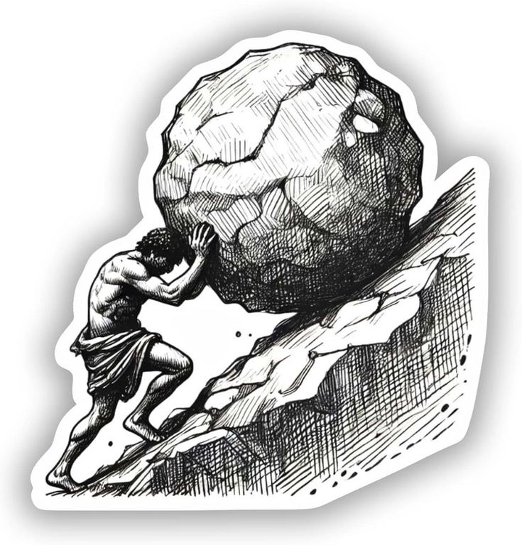استیکر ضدآب برش خورده طرح سیزیف در حال هل دادن سنگ سایز ۵ سانتی‌متر
